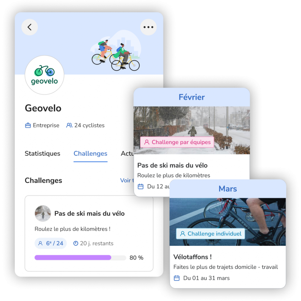 Montages des détails d'un challenge vélo sur l'application Geovelo et la plateforme Geovelo Entreprise