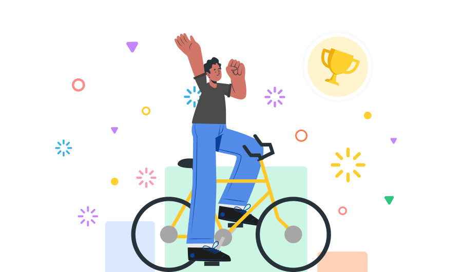 Illustration d'un homme noir sur un vélo qui a remporté un challenge vélo dans son entreprise