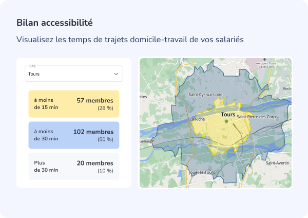 Carte isochrone d'un bilan d'accessibilité de la ville de Tours