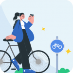Une femme cycliste qui consulte l'application Geovelo pour ses trajets vélos sécurisés
