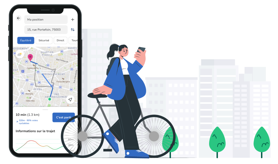 Une femme cycliste qui consulte l'application Geovelo pour ses trajets vélos sécurisés