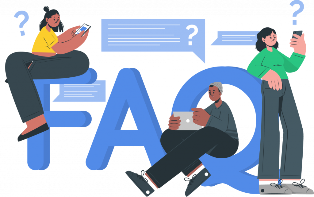 Illustration pour la FAQ de Geovelo Entreprise, où plusieurs employés son posés contre les grandes lettres FAQ