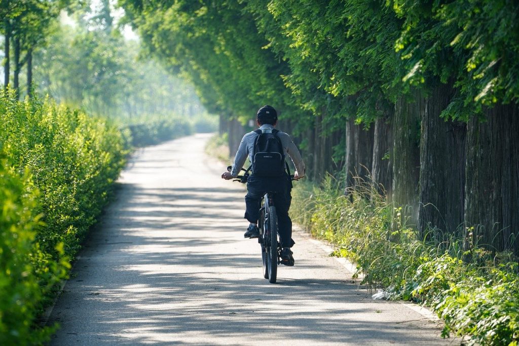 Un vélotaffeur, qui fait du vélo sur un chemin avec des arbres