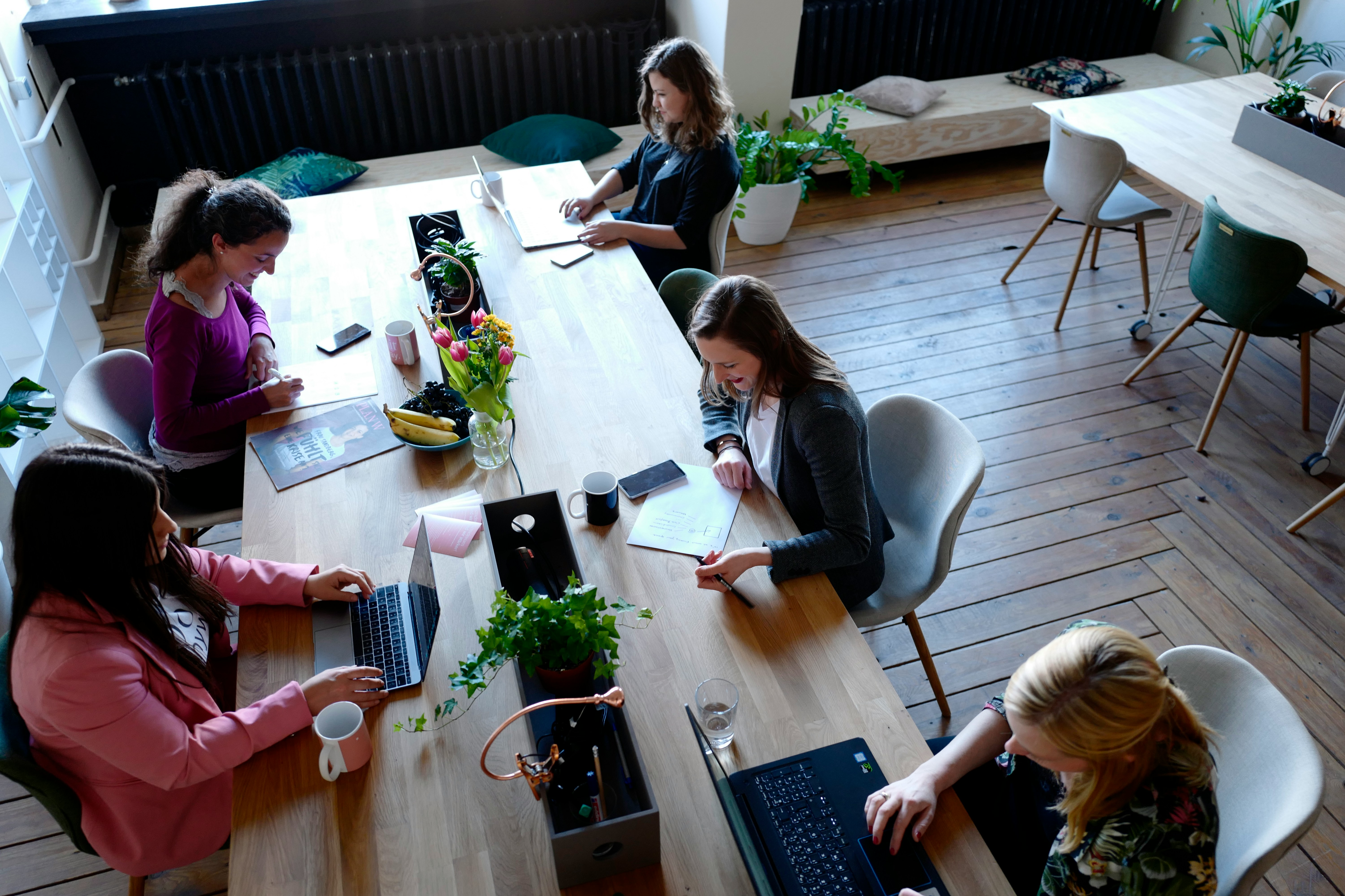 Un bureau où travaillent 5 personnes devant leur ordinateur